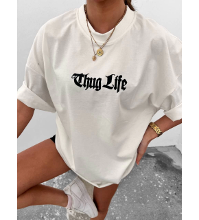 Kadın Bisiklet Yaka Baskılı Oversize  Kısa kol T-Shirt - Beyaz
