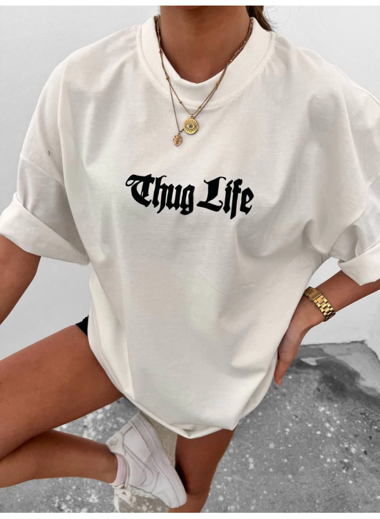Kadın Bisiklet Yaka Baskılı Oversize Kısa kol T-Shirt - Beyaz Kadın Bisiklet Yaka Baskılı Oversize Kısa kol T-Shirt - Beyaz
