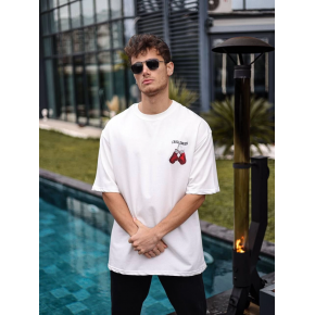 Erkek Kısa Kol Tişört Bisiklet Yaka Boxy Eldiven Baskılı T-Shirt - Beyaz