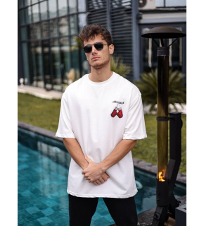 Erkek Kısa Kol Tişört Bisiklet Yaka Boxy Eldiven Baskılı T-Shirt - Beyaz