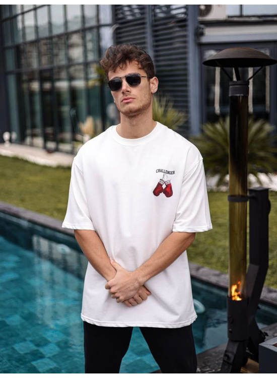 Erkek Kısa Kol Tişört Bisiklet Yaka Boxy Eldiven Baskılı T-Shirt - Beyaz Erkek Kısa Kol Tişört Bisiklet Yaka Boxy Eldiven Baskılı T-Shirt - Beyaz