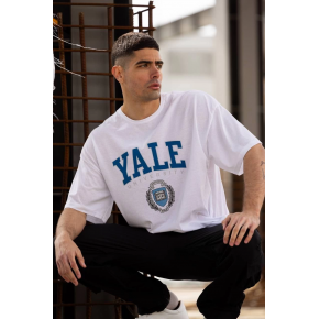 Erkek Kısa Kol Yazlık Tişört Bisiklet Yaka YALE Baskılı  T-Shirt - Beyaz
