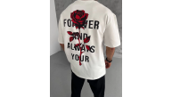 Erkek Kısa Kol Tişört Bisiklet Yaka GÜL Baskılı Oversize T-Shirt - Beyaz