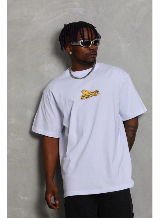 Erkek Kısa Kol Yazlık Tişört Bisiklet Yaka Baskılı Oversize T-Shirt - Beyaz