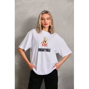 Kadın Baskılı T-Shirt Kısa Kol Bisiklet Yaka Oversize Rahat Kalıp Günlük Tişört   - Beyaz