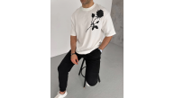 Erkek Kısa Kol Tişört Bisiklet Yaka GÜL Baskılı Oversize T-Shirt - Beyaz