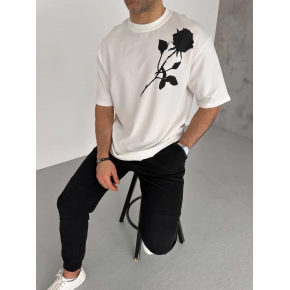 Erkek Kısa Kol Tişört Bisiklet Yaka GÜL Baskılı Oversize T-Shirt - Beyaz