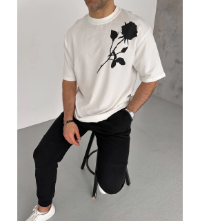 Erkek Kısa Kol Tişört Bisiklet Yaka GÜL Baskılı Oversize T-Shirt - Beyaz