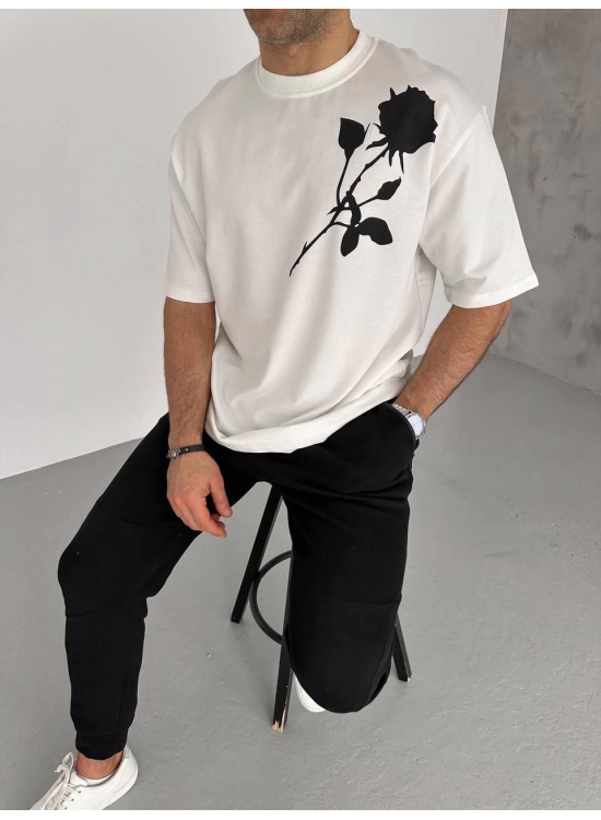 Erkek Kısa Kol Tişört Bisiklet Yaka GÜL Baskılı Oversize T-Shirt - Beyaz