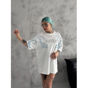 Kadın Tişort Bisiklet Yaka Yıldırım Şimşek Baskılı Kısa kol T-Shirt - Beyaz
