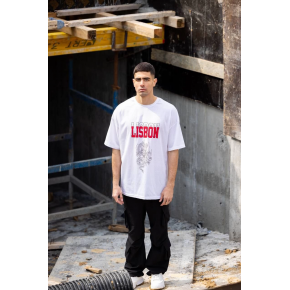 Erkek Kısa Kol Yazlık Tişört Bisiklet Yaka Baskılı Oversize T-Shirt - Beyaz