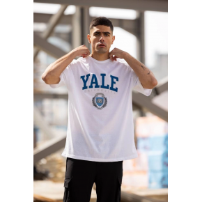 Erkek Kısa Kol Yazlık Tişört Bisiklet Yaka YALE Baskılı  T-Shirt - Beyaz