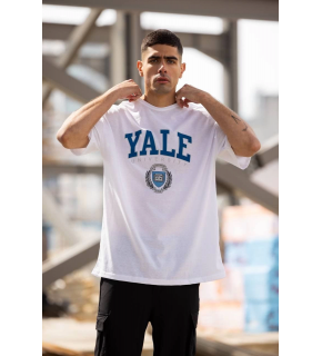 Erkek Kısa Kol Yazlık Tişört Bisiklet Yaka YALE Baskılı  T-Shirt - Beyaz