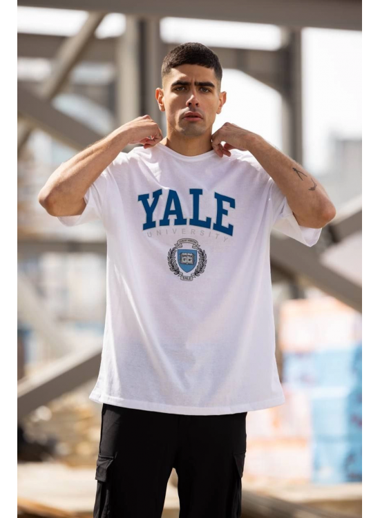 Erkek Kısa Kol Yazlık Tişört Bisiklet Yaka YALE Baskılı T-Shirt - Beyaz Erkek Kısa Kol Yazlık Tişört Bisiklet Yaka YALE Baskılı T-Shirt - Beyaz