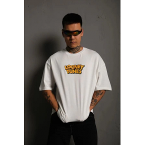 Erkek Bisiklet Yaka Baskılı Oversize Kısa kol T-Shirt - Beyaz