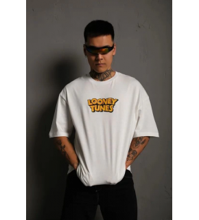 Erkek Bisiklet Yaka Baskılı Oversize Kısa kol T-Shirt - Beyaz