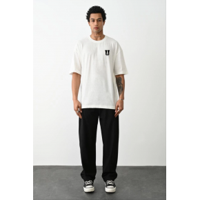 Erkek Kısa Kol Yazlık Tişört Bisiklet Yaka Baskılı Oversize T-Shirt - Beyaz
