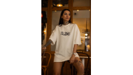 kadın Bisiklet Yaka Baskılı Kısa kol Oversize T-Shirt - Beyaz kadın Bisiklet Yaka Baskılı Kısa kol Oversize T-Shirt - Beyaz