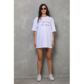 Kadın Kısa Kol Yazlık Tişört Bisiklet Yaka Baskılı Oversize T-Shirt - Beyaz