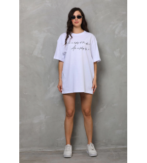 Kadın Kısa Kol Yazlık Tişört Bisiklet Yaka Baskılı Oversize T-Shirt - Beyaz