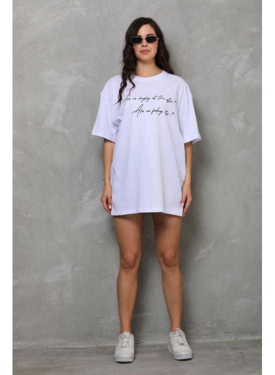 Kadın Kısa Kol Yazlık Tişört Bisiklet Yaka Baskılı Oversize T-Shirt - Beyaz Kadın Kısa Kol Yazlık Tişört Bisiklet Yaka Baskılı Oversize T-Shirt - Beyaz