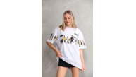 kadın Bisiklet Yaka Baskılı Oversize T-Shirt - Beyaz kadın Bisiklet Yaka Baskılı Oversize T-Shirt - Beyaz