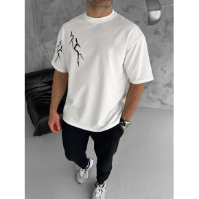 Erkek Kısa Kol Tişört Bisiklet Yaka Yıldırım Baskılı Oversize T-Shirt - Beyaz