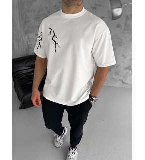 Erkek Kısa Kol Tişört Bisiklet Yaka Yıldırım Baskılı Oversize T-Shirt - Beyaz