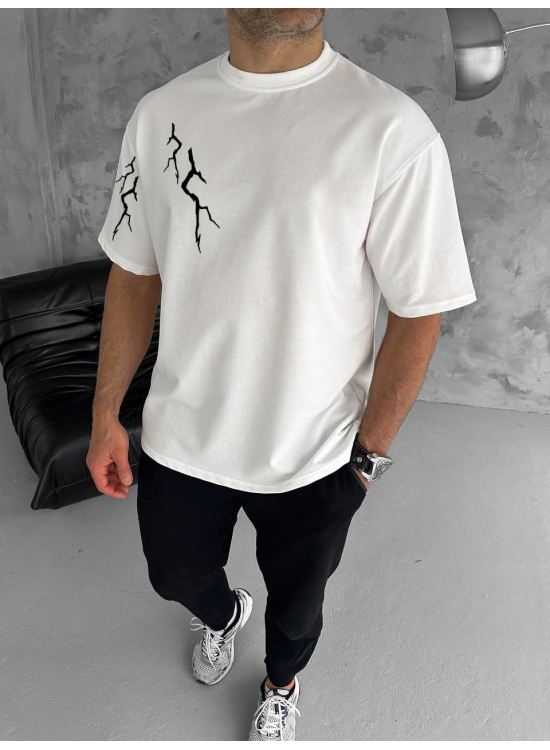 Erkek Kısa Kol Tişört Bisiklet Yaka Yıldırım Baskılı Oversize T-Shirt - Beyaz