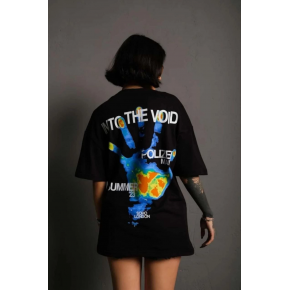 kadın Bisiklet Yaka Baskılı Oversize Kısa kol T-Shirt - Siyah
