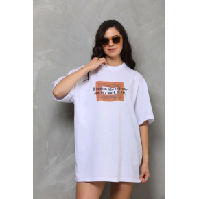 Kadın Baskılı T-Shirt Kısa Kol Bisiklet Yaka Oversize Rahat Kalıp Tişört - Beyaz