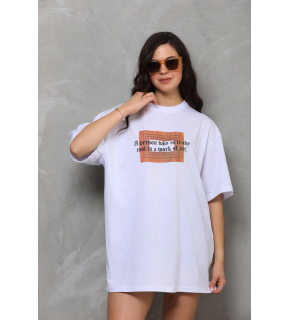 Kadın Baskılı T-Shirt Kısa Kol Bisiklet Yaka Oversize Rahat Kalıp Tişört - Beyaz