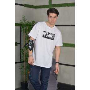 Erkek Kısa Kol Yazlık Tişört Bisiklet Yaka Baskılı Oversize T-Shirt - Beyaz