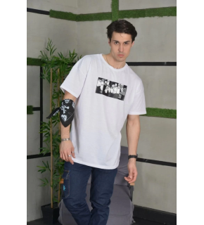Erkek Kısa Kol Yazlık Tişört Bisiklet Yaka Baskılı Oversize T-Shirt - Beyaz