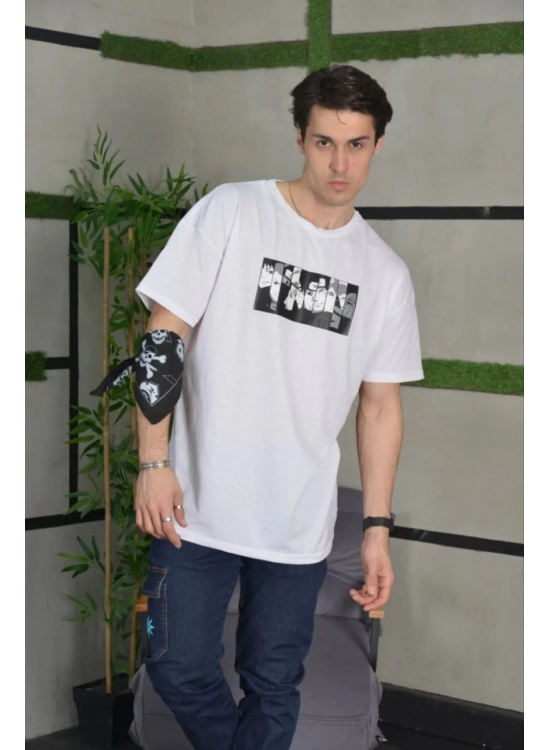Erkek Kısa Kol Yazlık Tişört Bisiklet Yaka Baskılı Oversize T-Shirt - Beyaz Erkek Kısa Kol Yazlık Tişört Bisiklet Yaka Baskılı Oversize T-Shirt - Beyaz