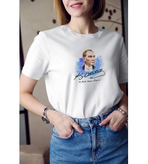 Kadın Kısa Kol Yazlık Tişört Bisiklet Yaka ATATÜRK Baskılı T-Shirt - Beyaz