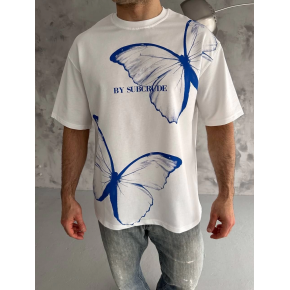 Erkek Kısa Kol Yazlık Tişört Bisiklet Yaka Baskılı Oversize T-Shirt - Beyaz
