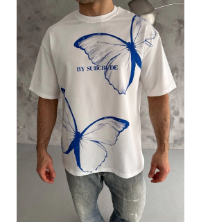 Erkek Kısa Kol Yazlık Tişört Bisiklet Yaka Baskılı Oversize T-Shirt - Beyaz
