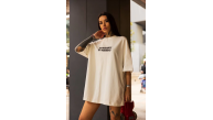 Kadın Bisiklet Yaka Baskılı Oversize Kısa kol T-Shirt - Beyaz Kadın Bisiklet Yaka Baskılı Oversize Kısa kol T-Shirt - Beyaz