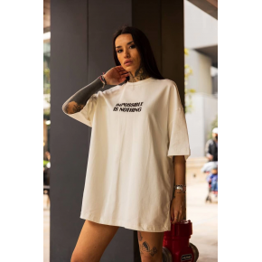 Kadın Bisiklet Yaka Baskılı Oversize  Kısa kol T-Shirt - Beyaz