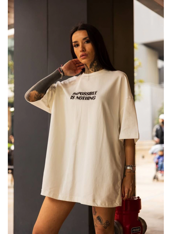 Kadın Bisiklet Yaka Baskılı Oversize Kısa kol T-Shirt - Beyaz Kadın Bisiklet Yaka Baskılı Oversize Kısa kol T-Shirt - Beyaz