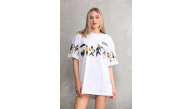 kadın Bisiklet Yaka Baskılı Oversize T-Shirt - Beyaz kadın Bisiklet Yaka Baskılı Oversize T-Shirt - Beyaz