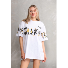 kadın Bisiklet Yaka Baskılı Oversize T-Shirt - Beyaz
