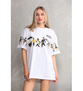 kadın Bisiklet Yaka Baskılı Oversize T-Shirt - Beyaz
