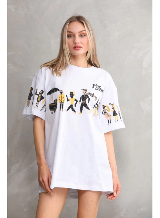 kadın Bisiklet Yaka Baskılı Oversize T-Shirt - Beyaz kadın Bisiklet Yaka Baskılı Oversize T-Shirt - Beyaz