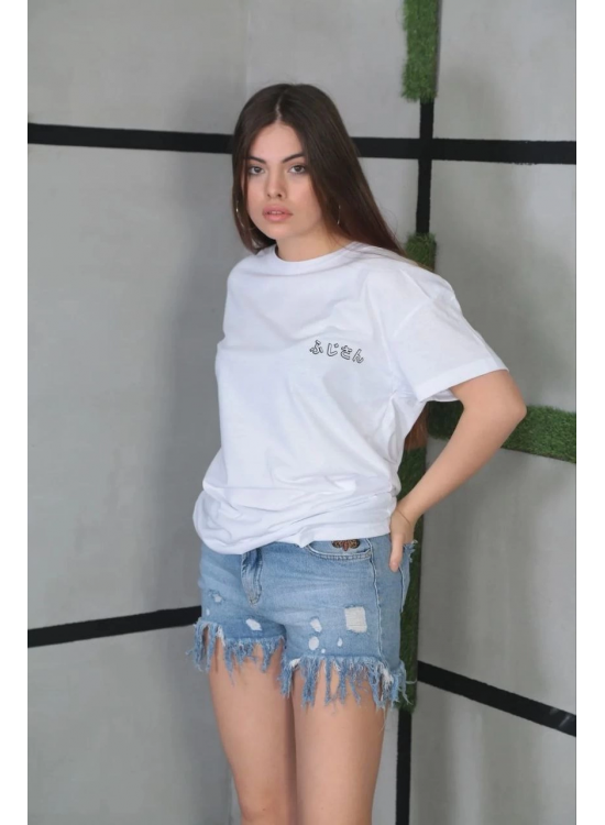 Kadın Bisiklet Yaka Baskılı Kısa kol Oversize T-Shirt- Beyaz Kadın Bisiklet Yaka Baskılı Kısa kol Oversize T-Shirt- Beyaz