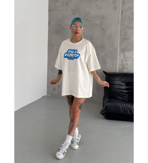 Kadın Kısa Kol Yazlık Tişört Bisiklet Yaka Baskılı Oversize T-Shirt - Beyaz