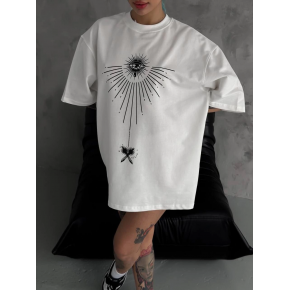kadın Bisiklet Yaka Baskılı Oversize  Kısa kol T-Shirt - Beyaz