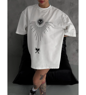 kadın Bisiklet Yaka Baskılı Oversize  Kısa kol T-Shirt - Beyaz