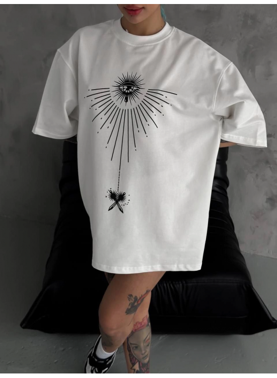 kadın Bisiklet Yaka Baskılı Oversize Kısa kol T-Shirt - Beyaz kadın Bisiklet Yaka Baskılı Oversize Kısa kol T-Shirt - Beyaz